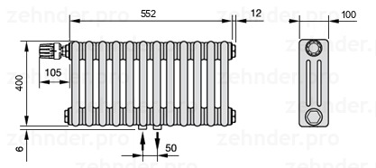 Схема (чертеж) Радиатор Zehnder Charleston 3040/12 №V007 Белый глянцевый RAL 9016